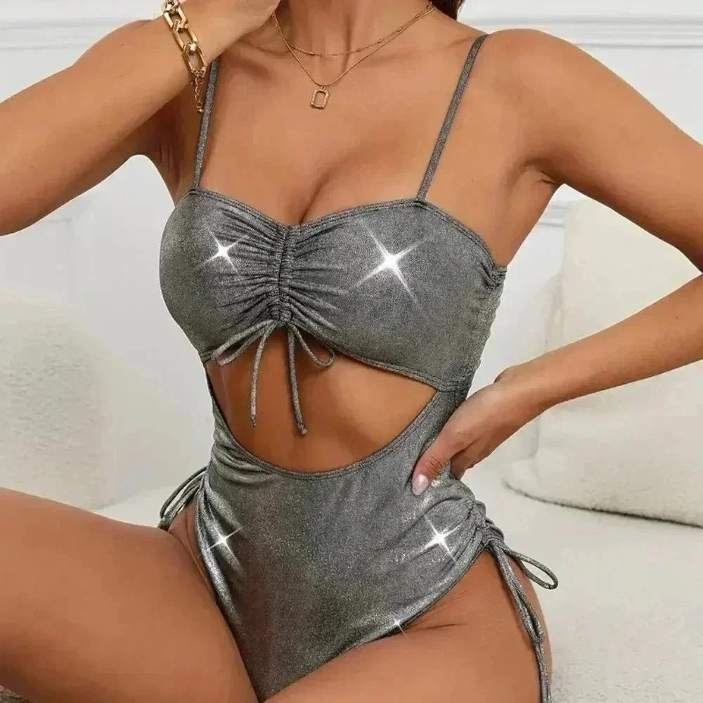 Drawstring One Piece Swimsuit (Color: Metallic) - Picture 3 of 5